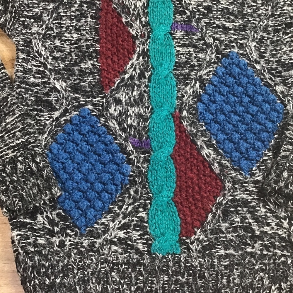 VINTAGE Sweater Size Large 1980’s Grandpa Cosby Style Multicolor Gray Teal - Picture 7 of 9